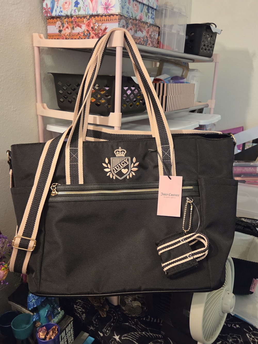 Juicy Couture Black Tote with Pink Trim and Striped Straps